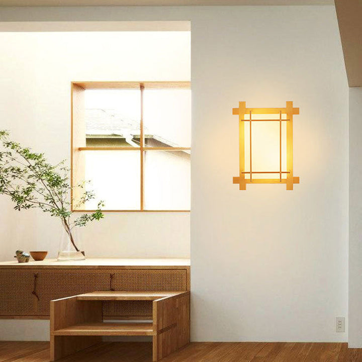 Skanto | Tradisjonell japansk rektangulær massiv tre ramme faux pergamentskjerm 2-lampe vegglampe for soverom