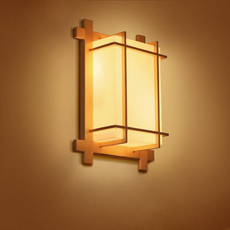 Skanto | Tradisjonell japansk rektangulær massiv tre ramme faux pergamentskjerm 2-lampe vegglampe for soverom