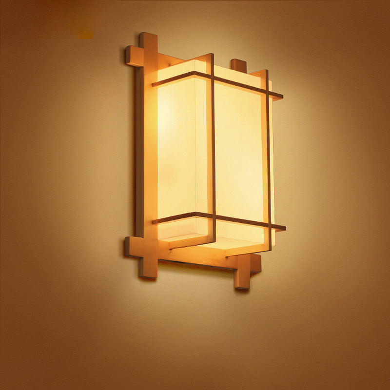 Skanto | Tradisjonell japansk rektangulær massiv tre ramme faux pergamentskjerm 2-lampe vegglampe for soverom
