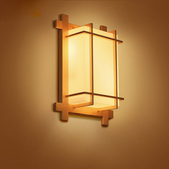 Skanto | Tradisjonell japansk rektangulær massiv tre ramme faux pergamentskjerm 2-lampe vegglampe for soverom