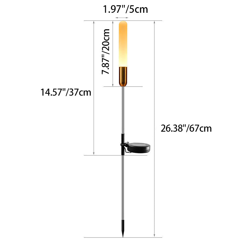 Vanntett solcelledrevet sylinderlampe laget av akryl, aluminium, rustfritt stål og ABS med LED-belysning for utendørs bruk og hagedesign.