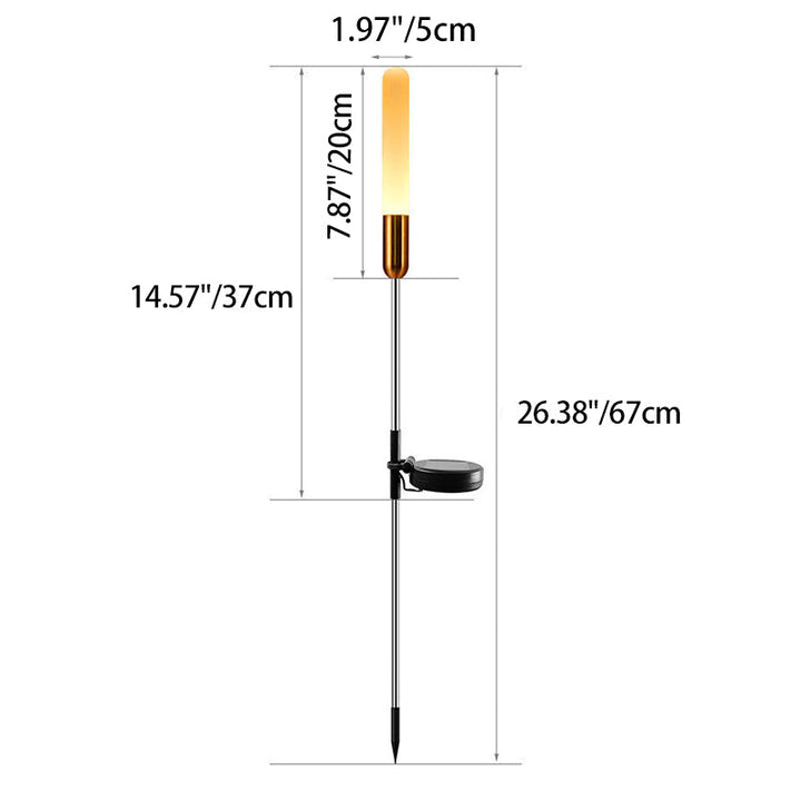 Vanntett solcelledrevet sylinderlampe laget av akryl, aluminium, rustfritt stål og ABS med LED-belysning for utendørs bruk og hagedesign.