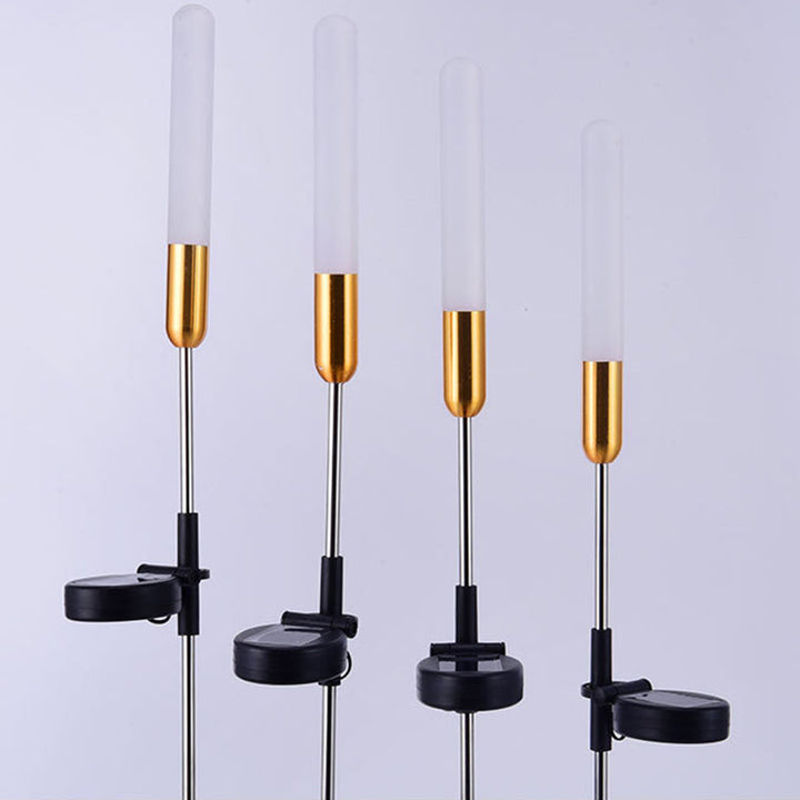 Vanntett solcelledrevet sylinderlampe laget av akryl, aluminium, rustfritt stål og ABS med LED-belysning for utendørs bruk og hagedesign.