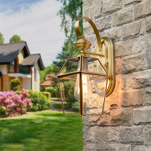 Moderne nordisk sekskantet klokke vanntett glass messing 1-lyskilde vegglampe for utendørs terrasse | Skanto