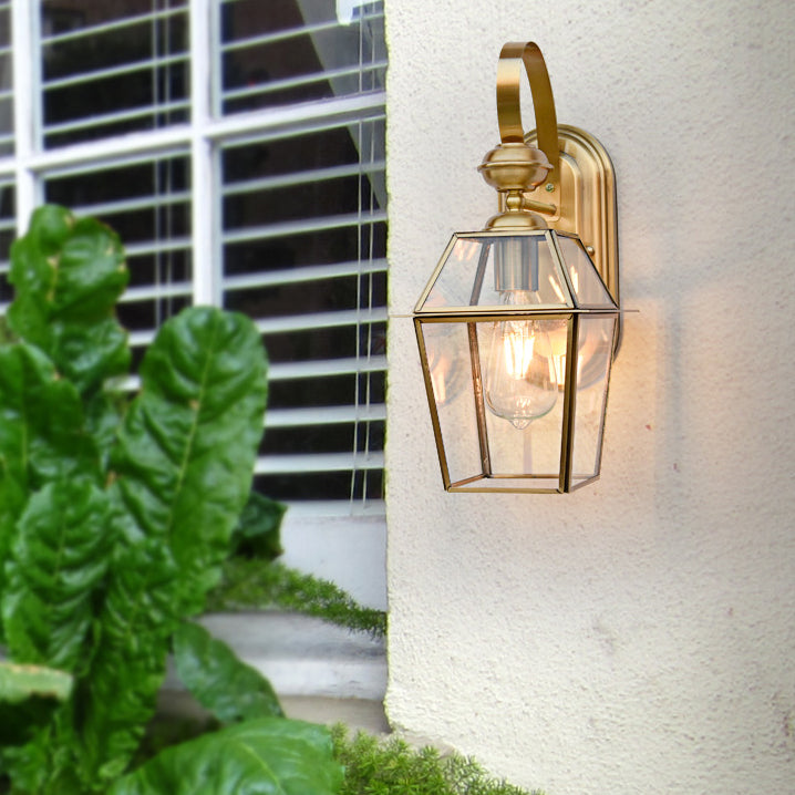 Moderne nordisk sekskantet klokke vanntett glass messing 1-lyskilde vegglampe for utendørs terrasse | Skanto