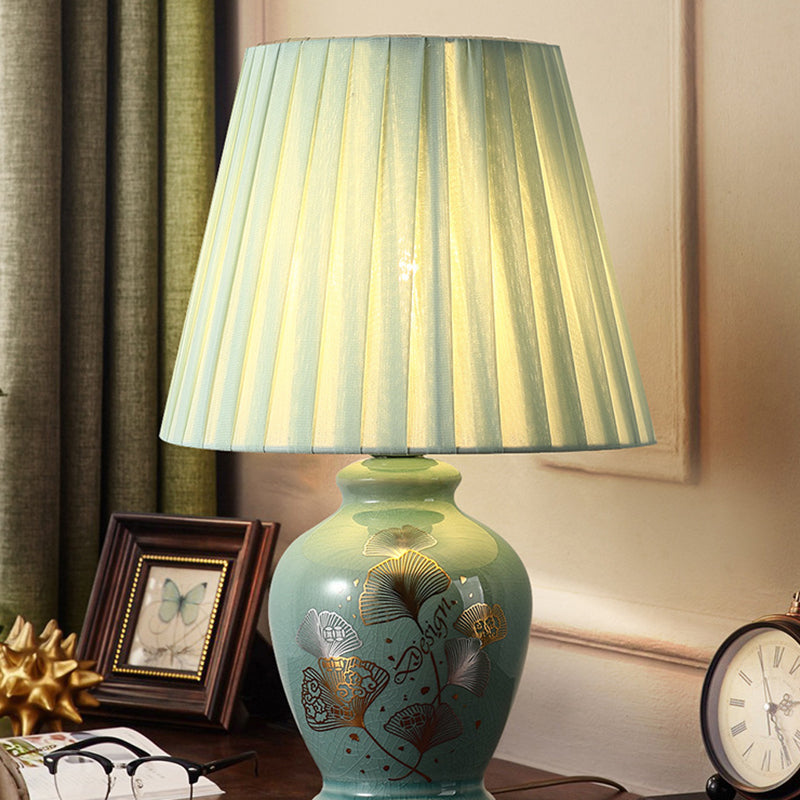 Skanto | Tradisjonelt kinesisk blomsterdesign rund vifte stoff keramikk 1-lys bordlampe til stuen