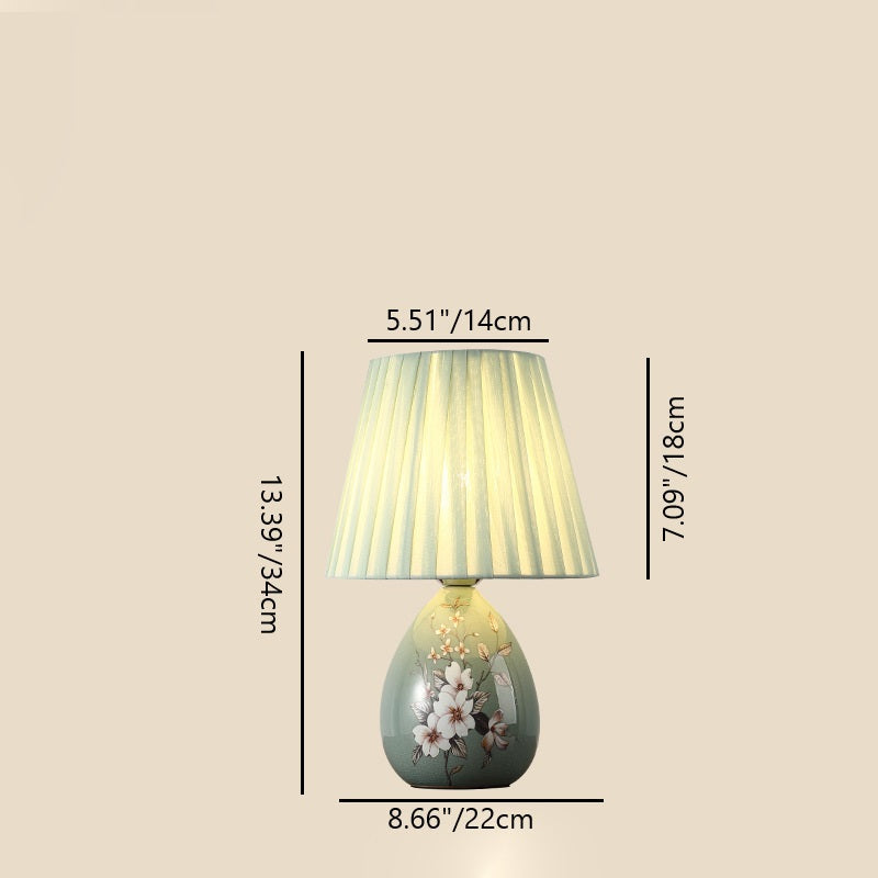 Skanto | Tradisjonelt kinesisk blomsterdesign rund vifte stoff keramikk 1-lys bordlampe til stuen