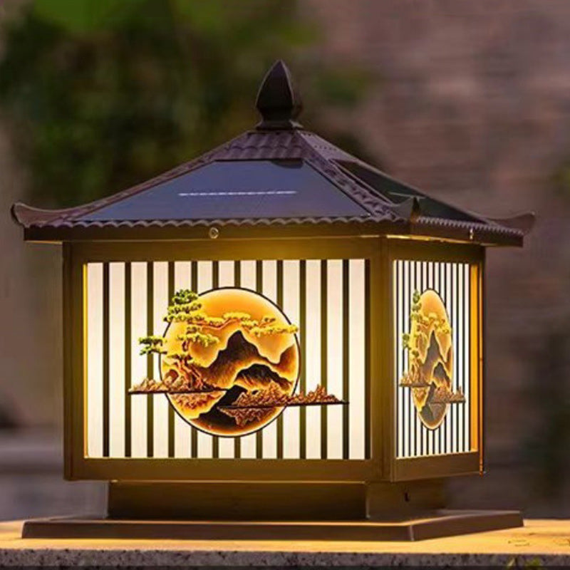 Tradisjonell kinesisk solfanger vanntett aluminium PC-glass furu tre kvadratisk sylinder LED landskapsbelysning utendørs lys for utendørs terrasse | Skanto
