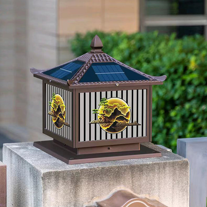 Tradisjonell kinesisk solfanger vanntett aluminium PC-glass furu tre kvadratisk sylinder LED landskapsbelysning utendørs lys for utendørs terrasse | Skanto