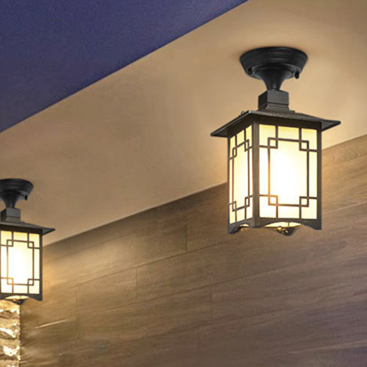 Tradisjonell kinesisk vanntett jern aluminiums glass sylinder pergola 1-lykt semi-flush montering taklampe utendørs lys for utendørs terrasse | Skanto
