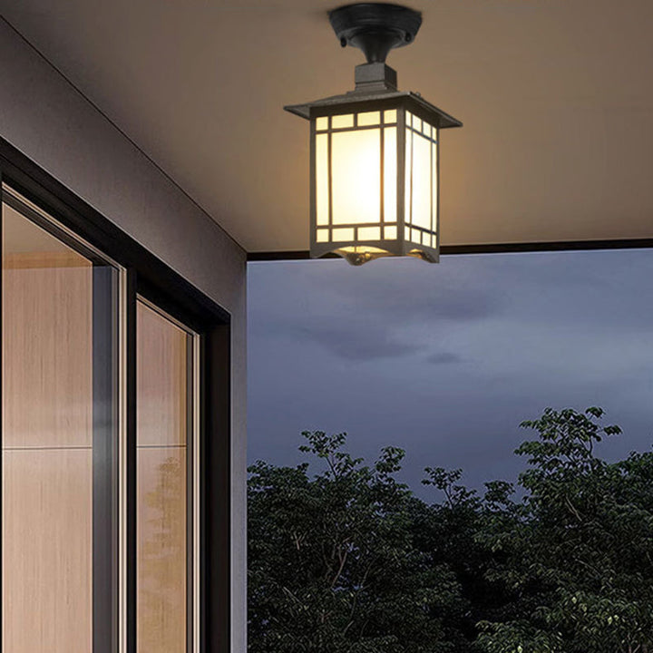 Tradisjonell kinesisk vanntett jern aluminiums glass sylinder pergola 1-lykt semi-flush montering taklampe utendørs lys for utendørs terrasse | Skanto