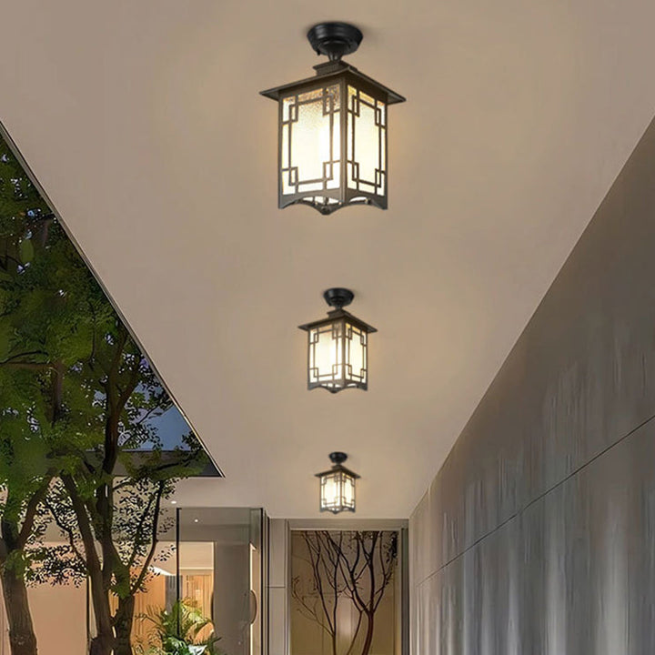 Tradisjonell kinesisk vanntett jern aluminiums glass sylinder pergola 1-lykt semi-flush montering taklampe utendørs lys for utendørs terrasse | Skanto