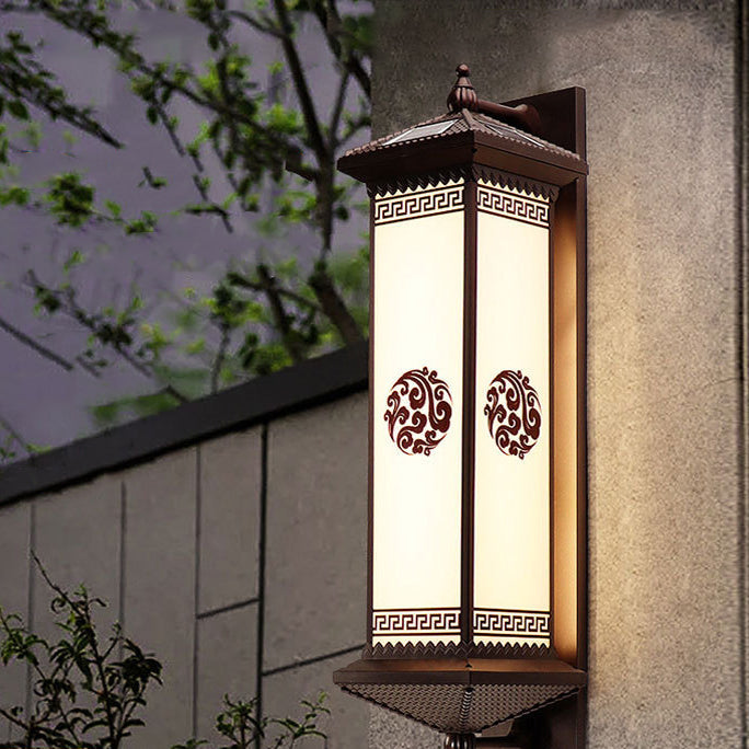 Tradisjonell kinesisk solenergi vanntett ABS aluminium glass rektangulær lykke velstand mønster LED vegglampe for utendørs terrasse | Skanto