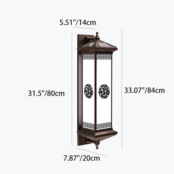 Tradisjonell kinesisk solenergi vanntett ABS aluminium glass rektangulær lykke velstand mønster LED vegglampe for utendørs terrasse | Skanto