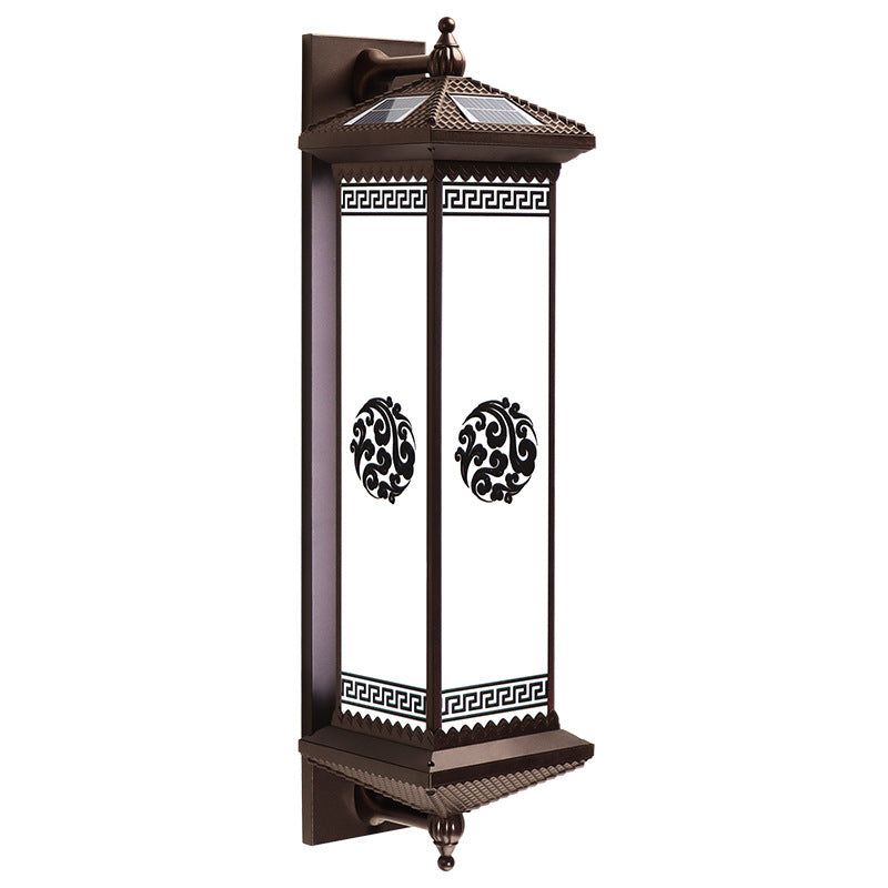 Tradisjonell kinesisk solenergi vanntett ABS aluminium glass rektangulær lykke velstand mønster LED vegglampe for utendørs terrasse | Skanto