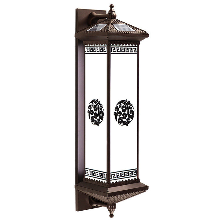 Tradisjonell kinesisk solenergi vanntett ABS aluminium glass rektangulær lykke velstand mønster LED vegglampe for utendørs terrasse | Skanto