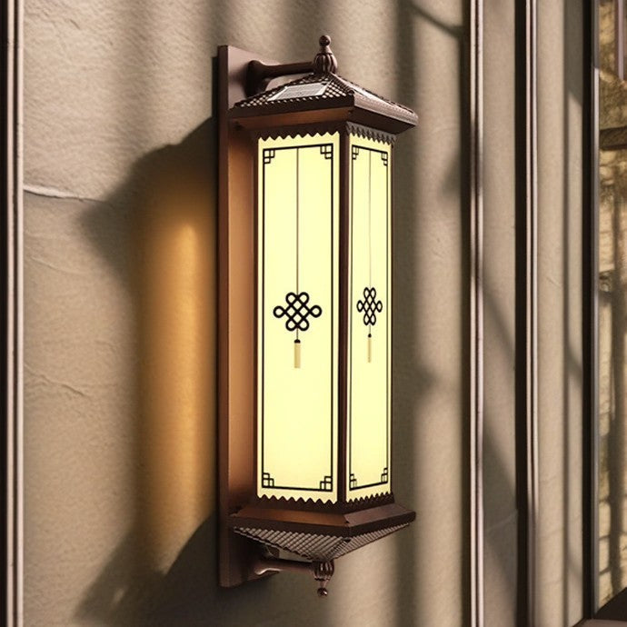 Tradisjonell kinesisk solenergi vanntett ABS aluminium glass rektangulær lykke velstand mønster LED vegglampe for utendørs terrasse | Skanto