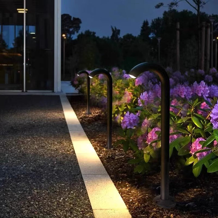Moderne Industrielle Vanntette Aluminium Forsterket Glass Bøyde Rør LED Utendørs Lys Landskapsbelysning For Hage | Skanto