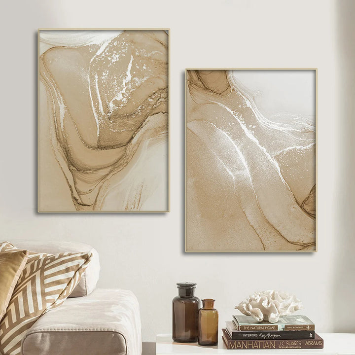 Sett av 3 stykker Beige Chic Flytende marmor Veggkunst Fin Kunst Lærredstrykk Bilder For Nøytrale Fargede Stuer Soverom Kunst Moderne Hjeminteriørdekorasjon | Skanto