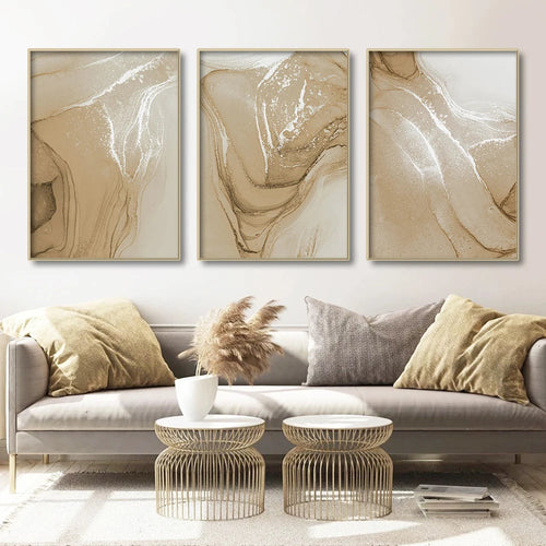 Sett av 3 stykker Beige Chic Flytende marmor Veggkunst Fin Kunst Lærredstrykk Bilder For Nøytrale Fargede Stuer Soverom Kunst Moderne Hjeminteriørdekorasjon | Skanto