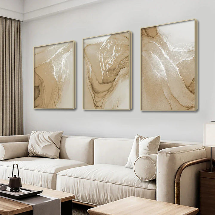 Sett av 3 stykker Beige Chic Flytende marmor Veggkunst Fin Kunst Lærredstrykk Bilder For Nøytrale Fargede Stuer Soverom Kunst Moderne Hjeminteriørdekorasjon | Skanto