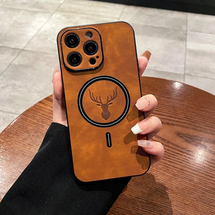 Skanto | Luxury Deer Leather Apple iPhone Case | Magnetisk telefonveske, trådløs veske, MagSafe, trådløs lading, beskyttelsesveske, deksel for iPhone 15, 14, 13 Pro Max Plus