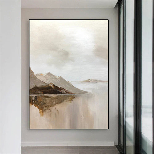 Store størrelser Fjellinnsjø Landskapsveggkunst fin kunst lerretsutskrifter Brun Beige Grå Nøytral farge Teksturert abstrakte bilder for stue Entré Foyer kunst dekor | Skanto