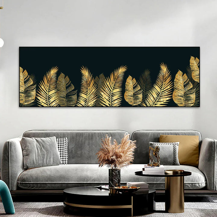 Store Størrelser Bredt Format Tropisk Botanisk Veggkunst Fine Kunstlerduktrykk Gyldne Monstera Palmblader Bilder For Over Sengen Kunst For Over Sofaen | Skanto