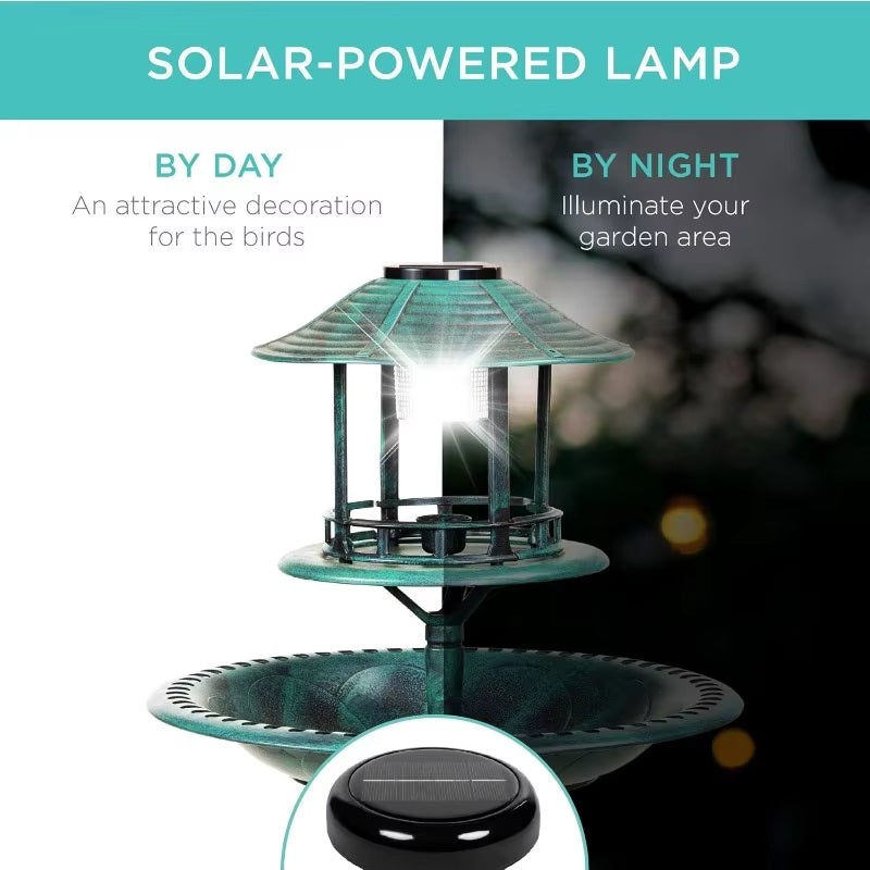 Skanto | Solcelledrevet fuglebad på stativ med innebygd plantekasse og LED-lampe