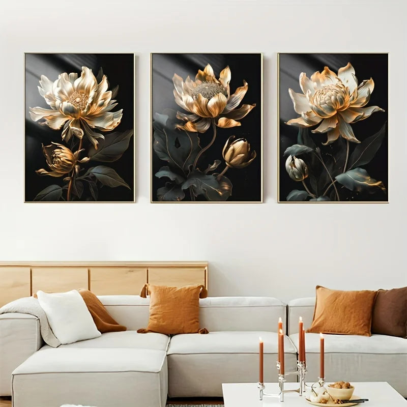 Svart Gylden Floral Veggkunst Fin Kunst Lerret Utskrifter Moderne Botaniske Bilder For Stue Soverom Lett Luksus Boliginnredning | Skanto