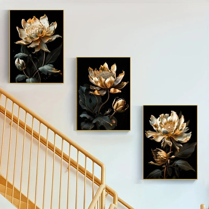 Svart Gylden Floral Veggkunst Fin Kunst Lerret Utskrifter Moderne Botaniske Bilder For Stue Soverom Lett Luksus Boliginnredning | Skanto