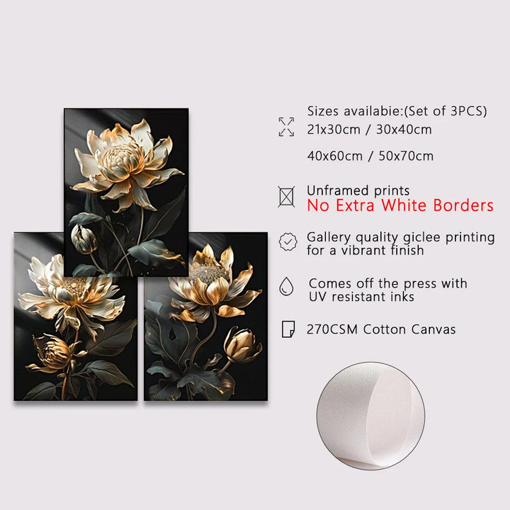 Svart Gylden Floral Veggkunst Fin Kunst Lerret Utskrifter Moderne Botaniske Bilder For Stue Soverom Lett Luksus Boliginnredning | Skanto