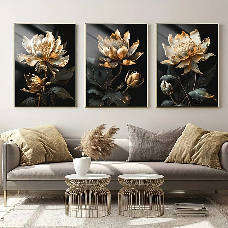 Svart Gylden Floral Veggkunst Fin Kunst Lerret Utskrifter Moderne Botaniske Bilder For Stue Soverom Lett Luksus Boliginnredning | Skanto