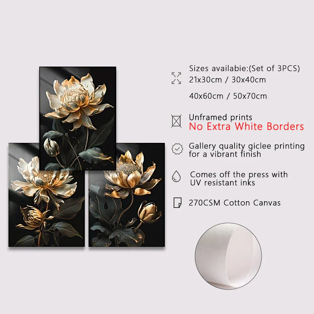 Svart Gylden Floral Veggkunst Fin Kunst Lerret Utskrifter Moderne Botaniske Bilder For Stue Soverom Lett Luksus Boliginnredning | Skanto