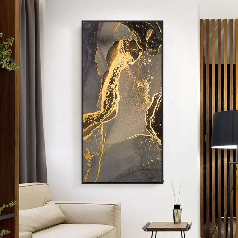 Svart Gulline Marmortrykk Veggkunst Fine Art Lerretstrykk Høy Vertikal Rektangulær Kunstverk Bilder For Stue Lett Luksuriøs Boliginnredning | Skanto