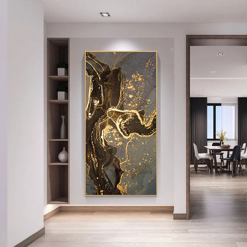 Svart Gulline Marmortrykk Veggkunst Fine Art Lerretstrykk Høy Vertikal Rektangulær Kunstverk Bilder For Stue Lett Luksuriøs Boliginnredning | Skanto