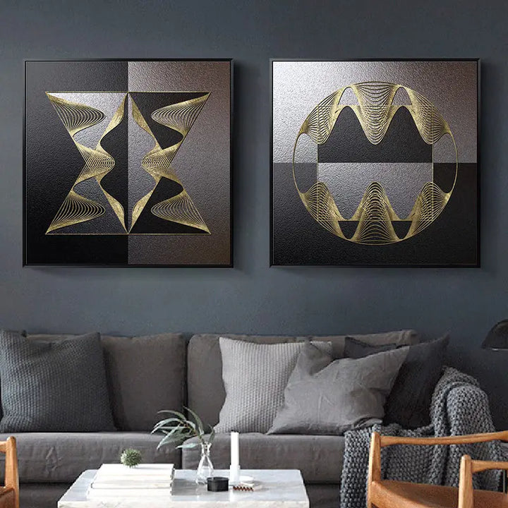 Svarte Gyldne Sfæriske Abstrakte Geometriske Veggkunst Fin Kunst Lerretstrykk Moderne Estetikk Firkantet Format Bilder For Stue Hjemmekontor Dekor | Skanto