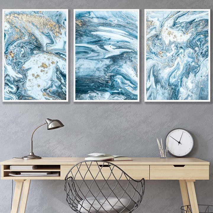 Abstrakt veggkunstsett med havmotiver i turkisblått og gull, 3 deler