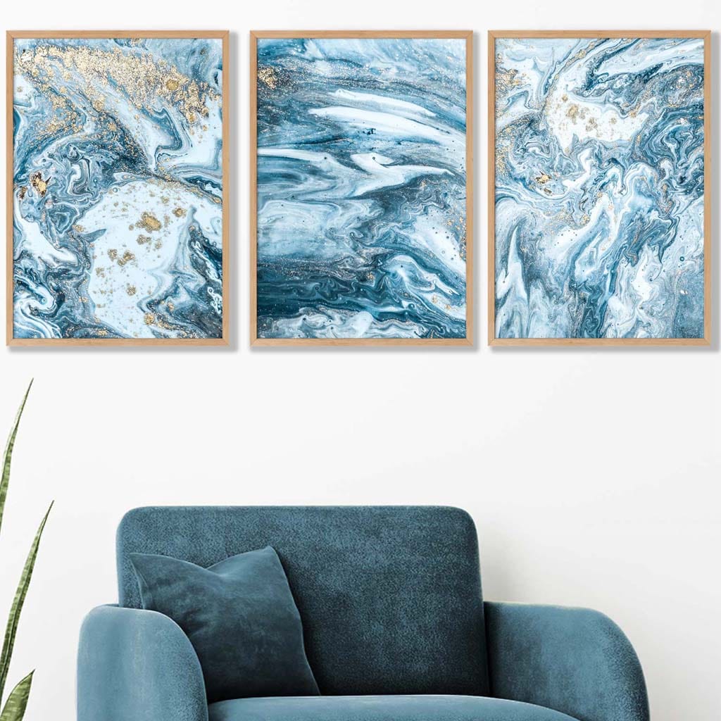 Abstrakt veggkunstsett med havmotiver i turkisblått og gull, 3 deler