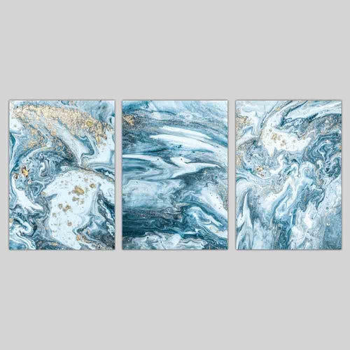 Abstrakt veggkunstsett med havmotiver i turkisblått og gull, 3 deler
