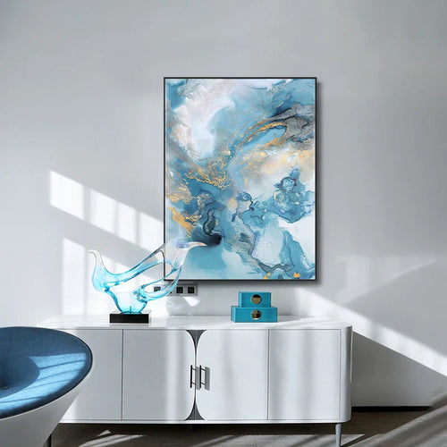Blå Gylden Marmor Trykk Abstrakt Veggkunst Fin Kunst Lerretsutskrifter Bilder For Stue Spisestue Hotellerom Soverom Kunst Dekor | Skanto