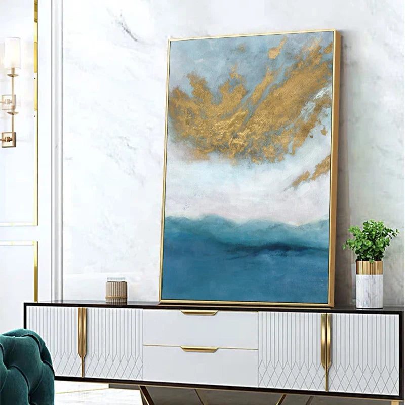 Blått Hav Gyldne Sand Veggkunst Fine Art Lerretsutskrift Nordisk abstrakt Bilder for moderne Leilighet Stue Soverom Entreen Kunst Dekor | Skanto
