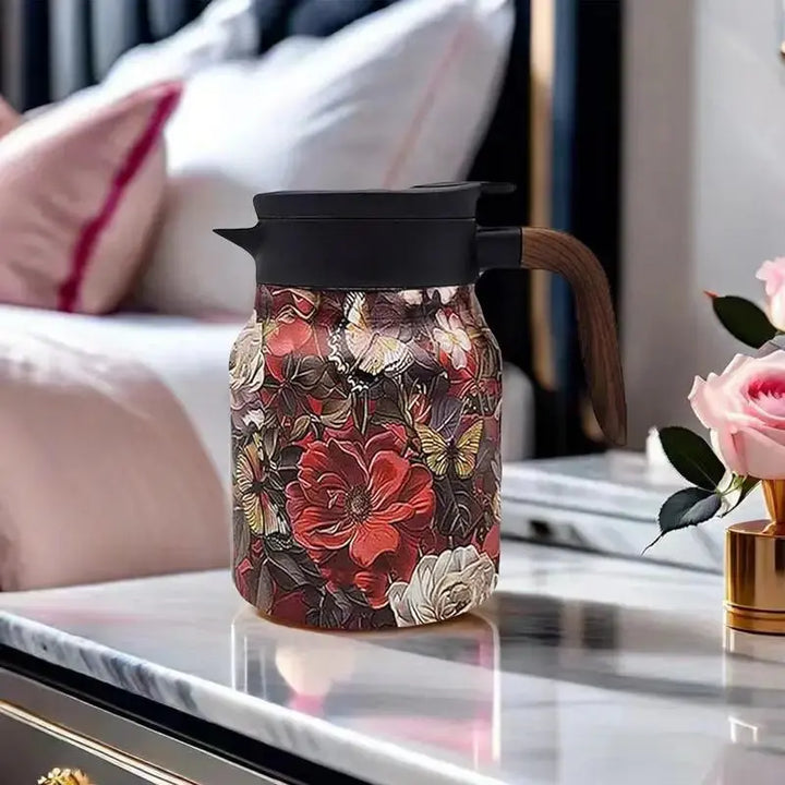 Tekanne i rustfritt stål med blomsterkunst og infusjonsrør - 1000 ml vintage eleganse