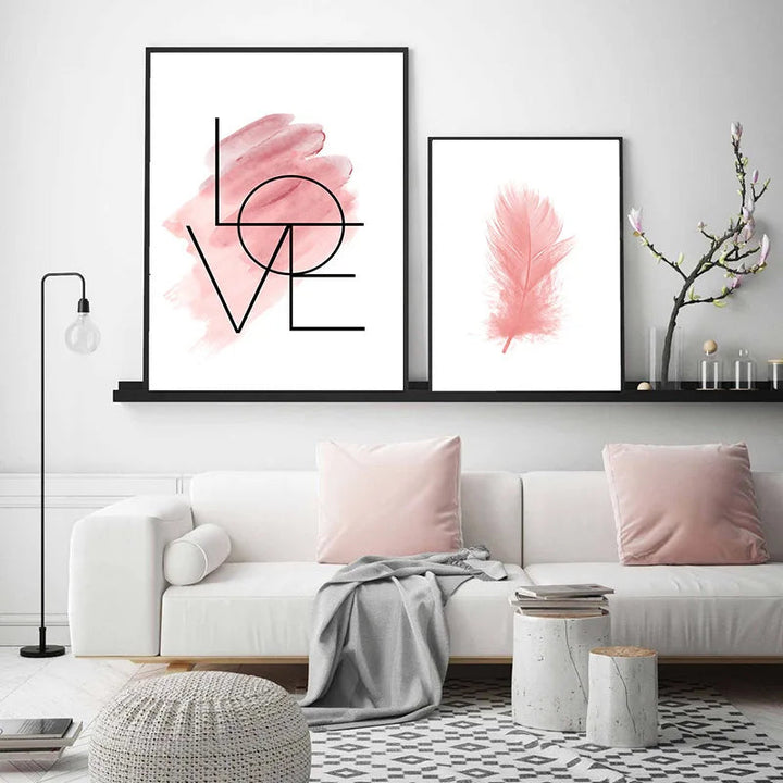Blush Pink Love Feather Veggkunst Fine Art Lerretsutskrifter Minimalistisk Motebilder For Stue Jenters Soverom Motekunst Dekor | Skanto