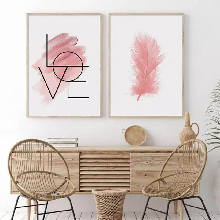 Blush Pink Love Feather Veggkunst Fine Art Lerretsutskrifter Minimalistisk Motebilder For Stue Jenters Soverom Motekunst Dekor | Skanto