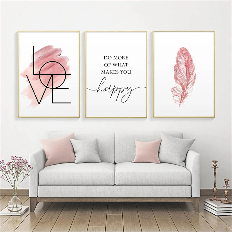 Blush Pink Love Feather Veggkunst Fine Art Lerretsutskrifter Minimalistisk Motebilder For Stue Jenters Soverom Motekunst Dekor | Skanto