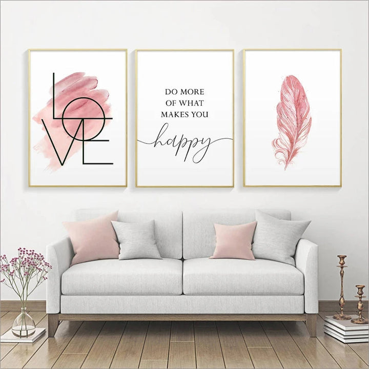 Blush Pink Love Feather Veggkunst Fine Art Lerretsutskrifter Minimalistisk Motebilder For Stue Jenters Soverom Motekunst Dekor | Skanto