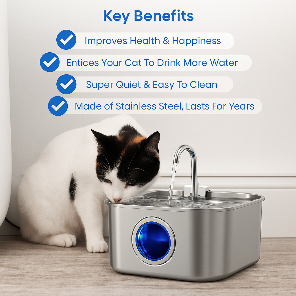 Skanto | Felindra Katte Drikkefontene Laget av Rustfritt Stål | Strømmende Vann for Bedre Hydrering | Stille & Hygienisk | 2,5 L Kapasitet