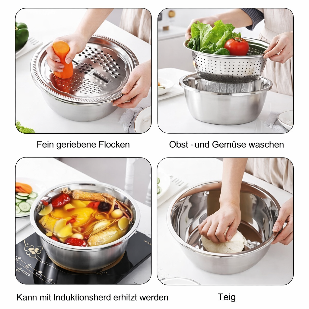 3-i-1 Blandebolle Sette Rustfritt Stål med Rivejern og Sil | Skanto