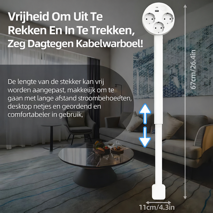 Skanto | Smart Utvidbar Stikkontakt med USB | 3 Stikkontakter + Utvidbar Arm + 180° Svingarm